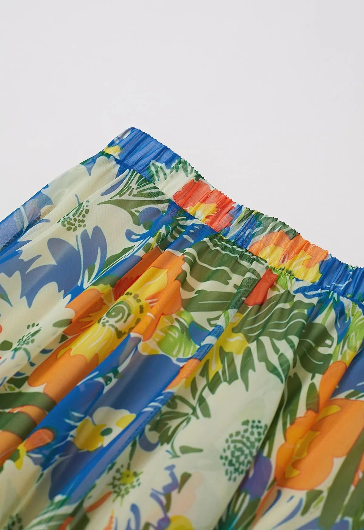 Jungle‑Blue Tropical Floral Asymmetric‑Hem Chiffon Maxi Skirt