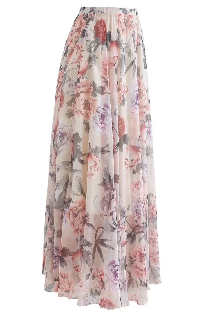 Splendid Peony‑Print Asymmetric‑Hem Chiffon Maxi Skirt