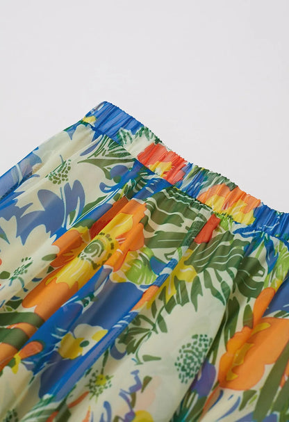 Jungle‑Blue Tropical Floral Asymmetric‑Hem Chiffon Maxi Skirt