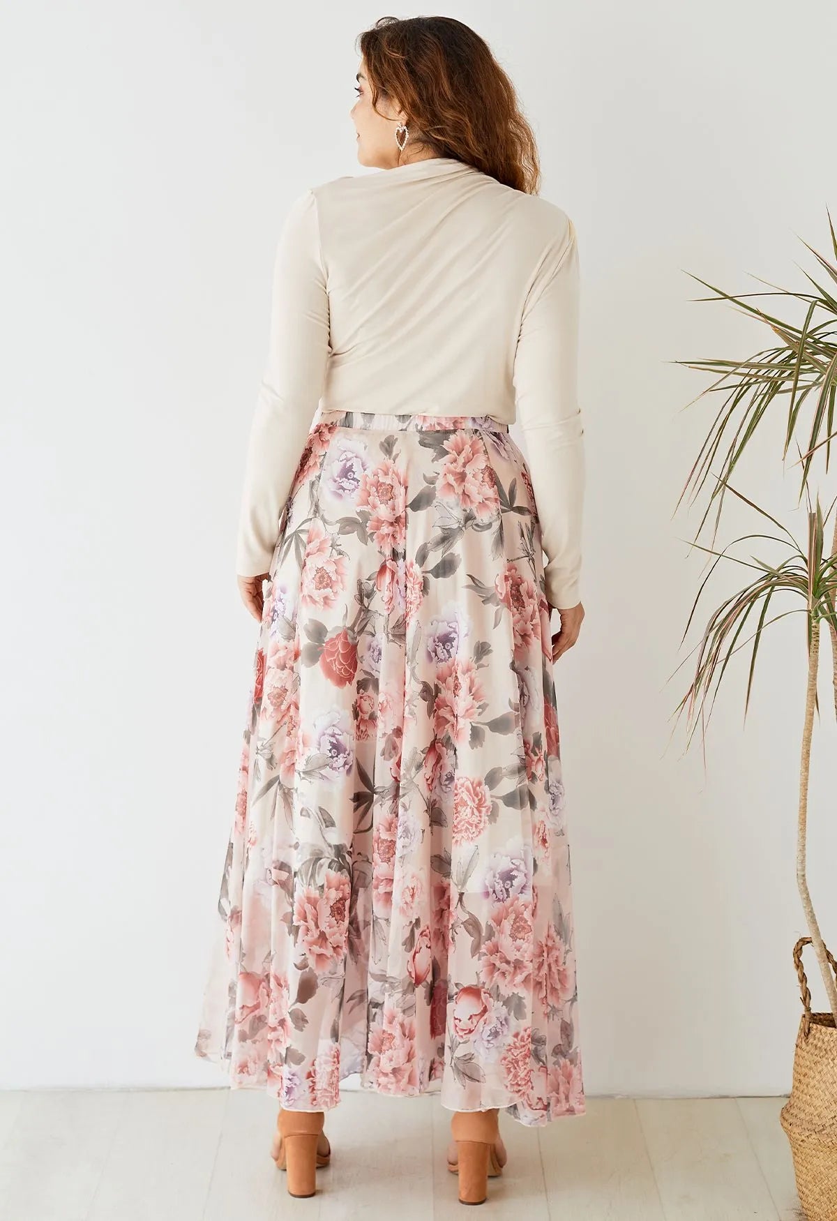 Splendid Peony‑Print Asymmetric‑Hem Chiffon Maxi Skirt
