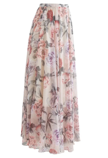 Splendid Peony‑Print Asymmetric‑Hem Chiffon Maxi Skirt