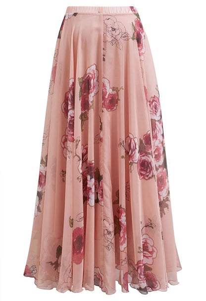 Pink‑Base Large‑Rose Print Asymmetric‑Hem Chiffon Maxi Skirt