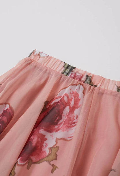 Pink‑Base Large‑Rose Print Asymmetric‑Hem Chiffon Maxi Skirt