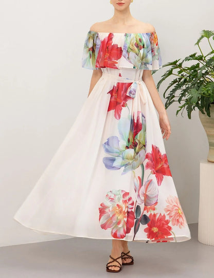 Cream Base Vibrant Floral Off‑Shoulder Tie‑Waist Maxi Dress